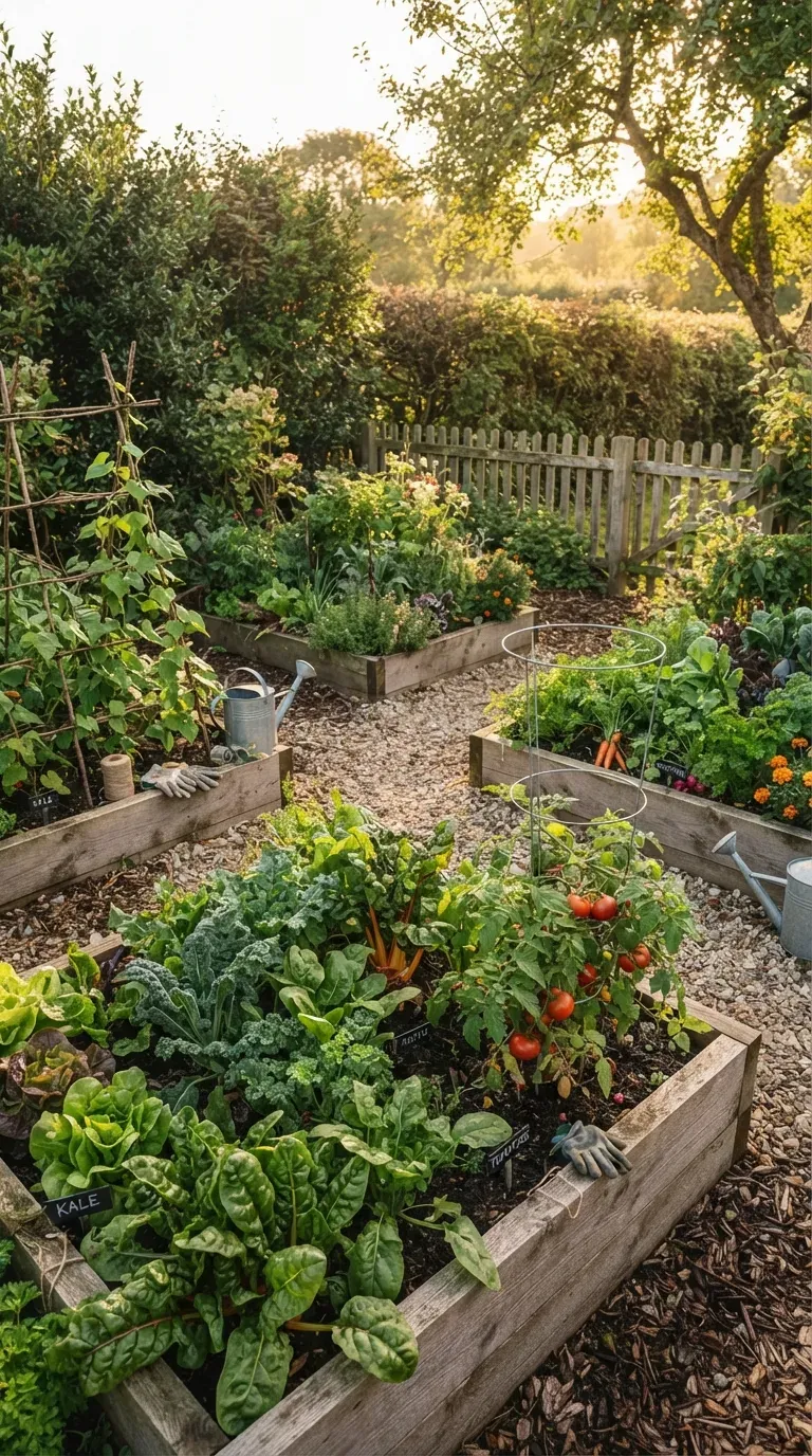 Protected vegetable garden with sturdy raised beds trellises and windbreak planting.