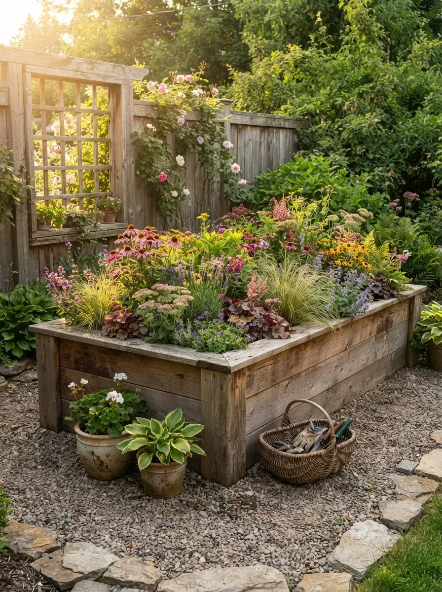 Wooden raised garden bed filled with colorful cold-hardy flowers and foliage.