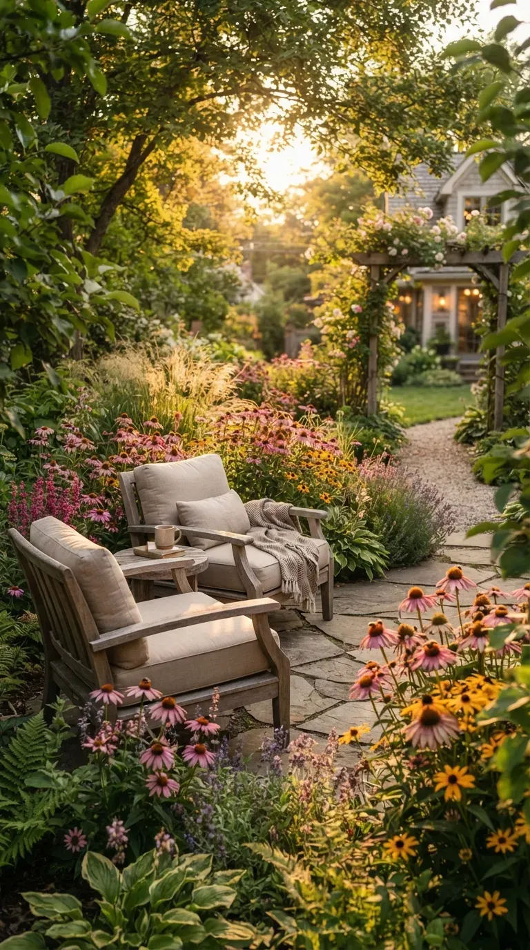 Wooden raised garden beds overflowing with blooming purple coneflowers.