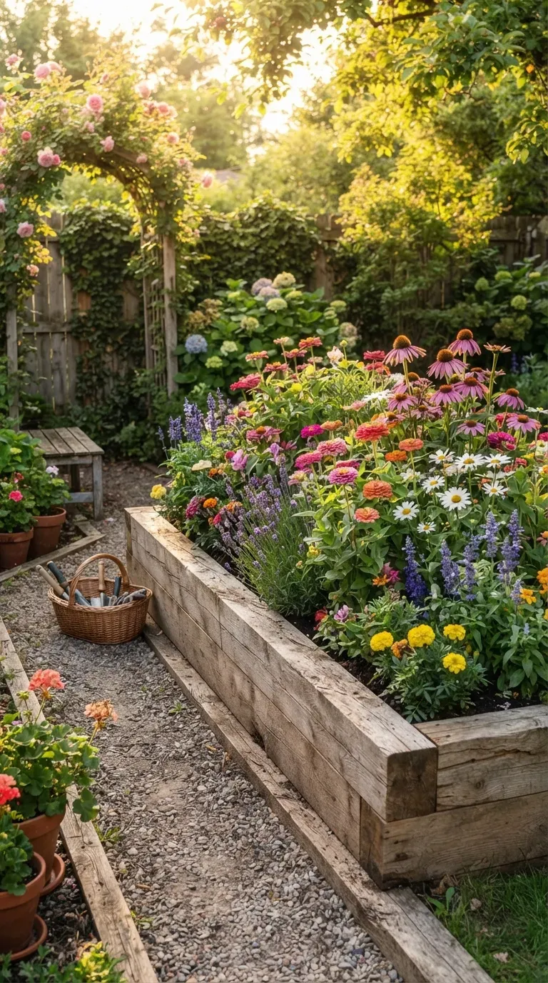 Beautiful raised flower bed filled with colorful blooms and lush green foliage.
