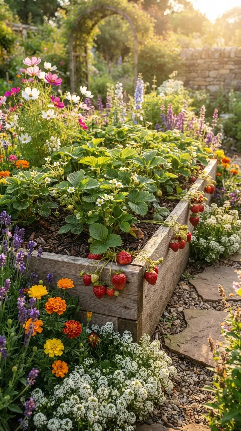 Raised strawberry garden surrounded by colorful flowers and lush green companion plants.