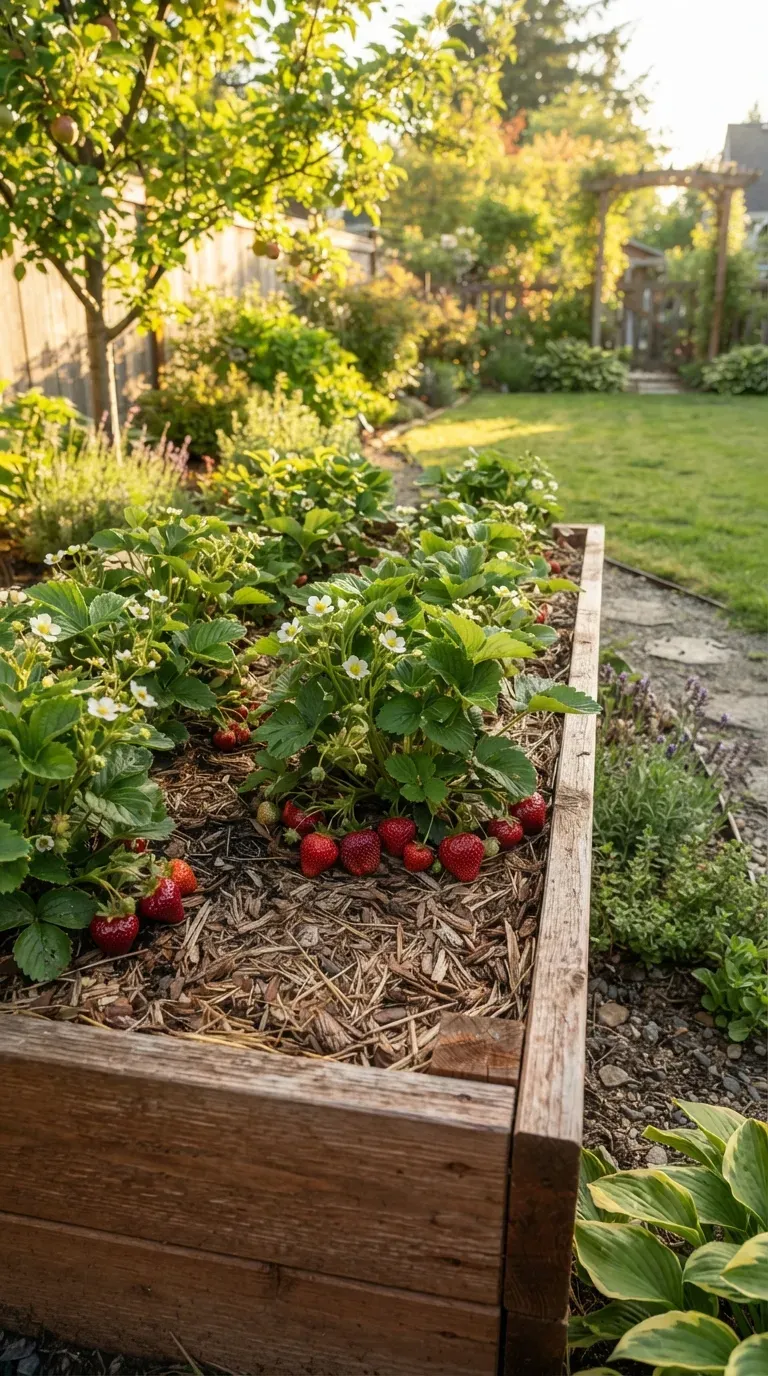 Neat raised strawberry bed with mulch surrounding healthy plants and ripe berries.