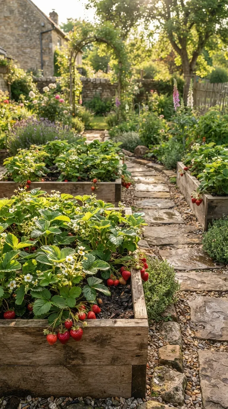 Strawberry raised beds bordered by charming stone pathways in a productive garden.