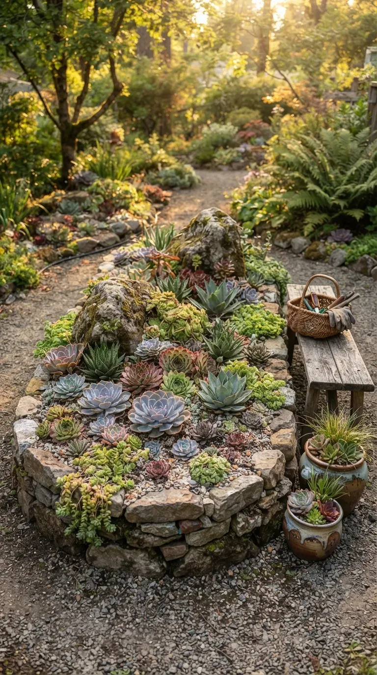 Raised rock garden filled with healthy succulents, gravel, and natural decorative stones.