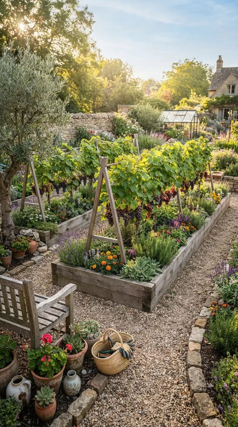 Raised garden beds with organized grapevines and rustic Mediterranean landscaping.
