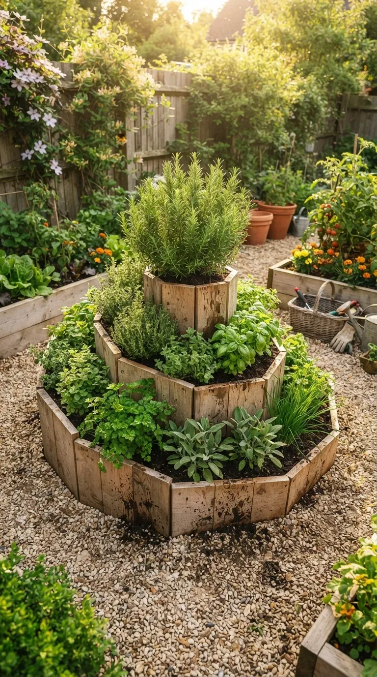 Wooden raised herb spiral filled with lush fresh herbs in sunny backyard.
