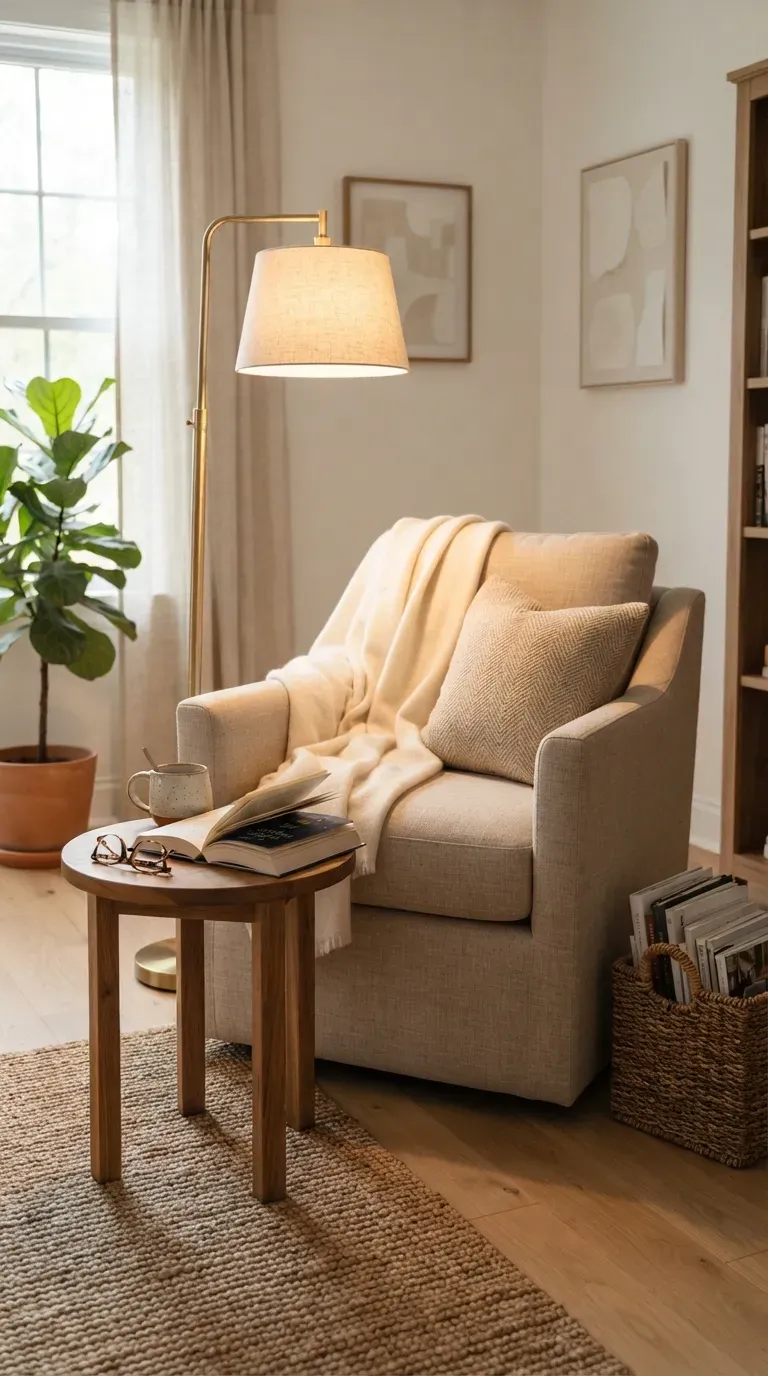 Cozy reading nook with armchair tall floor lamp side table and stacked books.