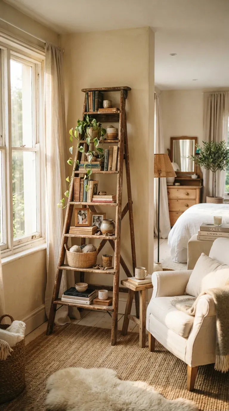 Vintage wooden ladder repurposed as bookshelf with books plants and rustic decor.