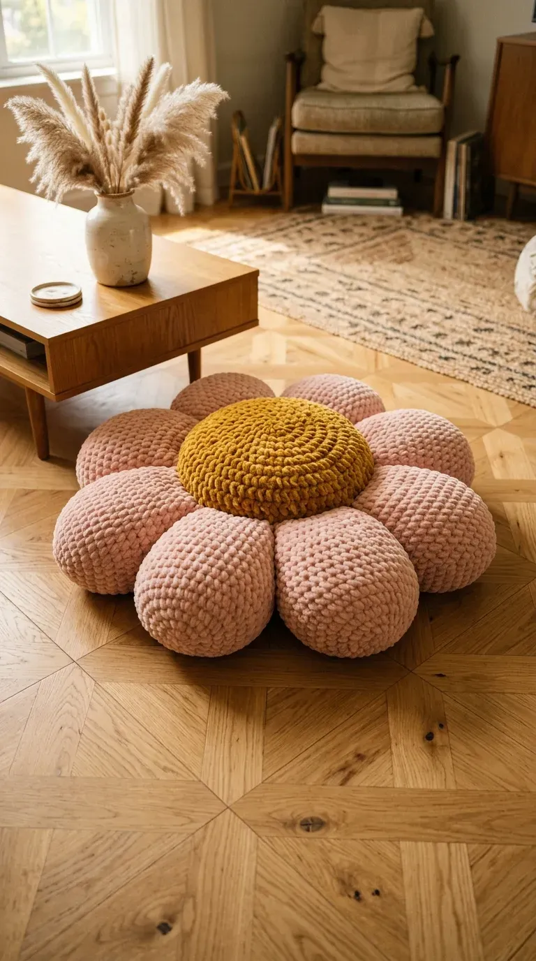large plush crochet daisy flower floor pillow in blush pink and mustard yellow on a parquet floor