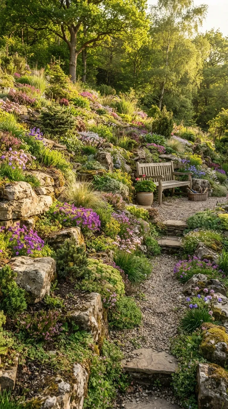Beautiful hillside rock garden with boulders alpine flowers and cascading groundcovers.