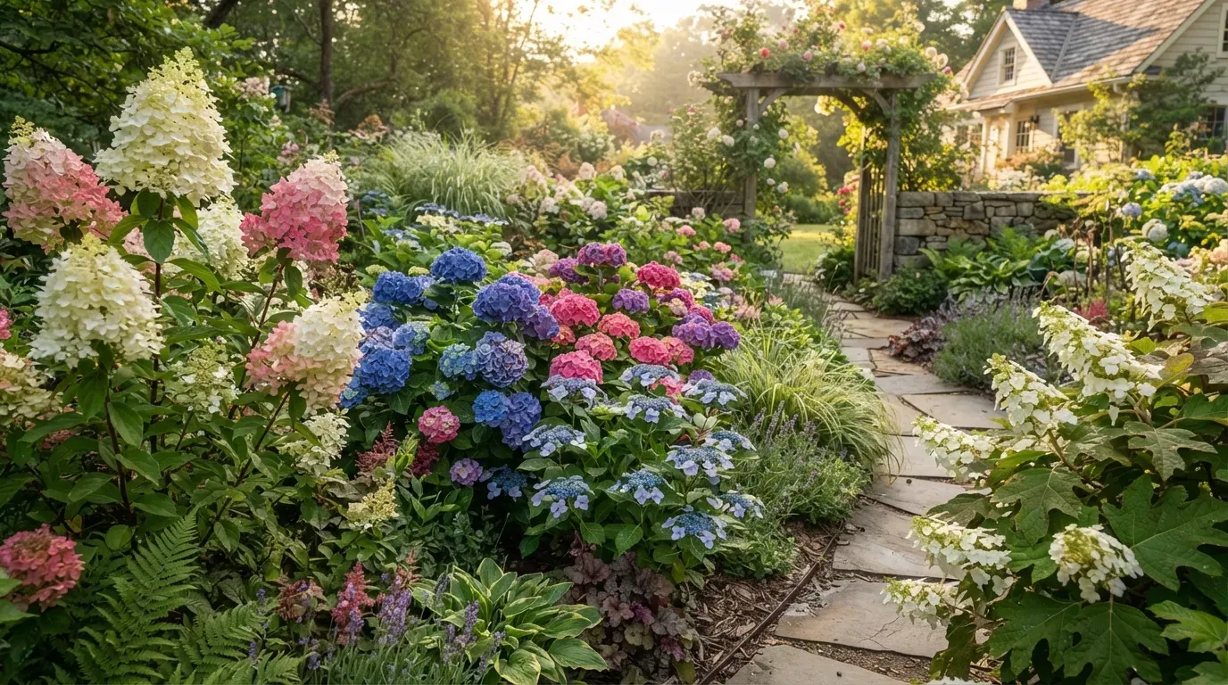 Romantic cottage garden filled with soft pink, lavender, and cream pastel flowers.