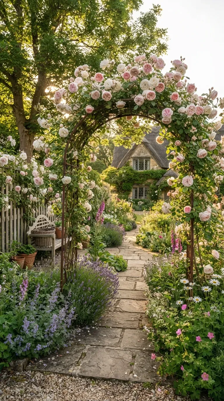 Beautiful garden arch covered with climbing English roses and cottage flowers.