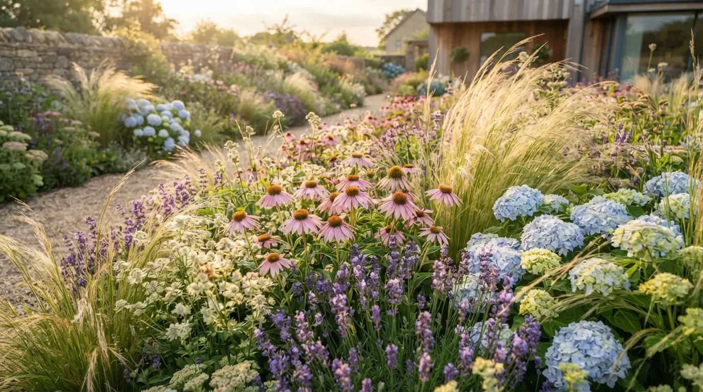 Romantic cottage garden filled with pink roses, peonies, hydrangeas, and lush green foliage.