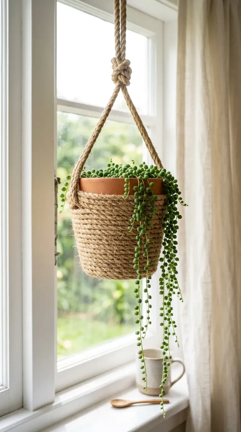 jute rope wrapped terracotta pot hanging by braided rope in a bright window alcove