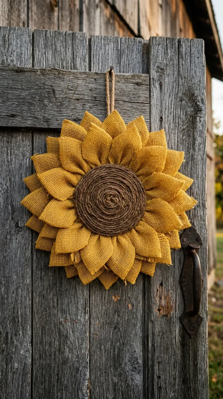 sunflower wall wreath made from folded yellow burlap petals with a dark twine center on a barn wood door