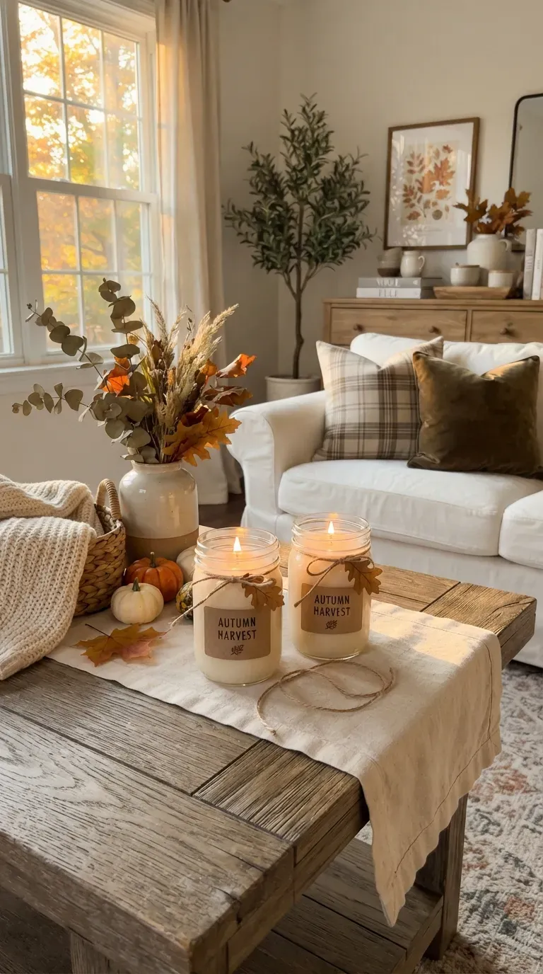 Rustic mason jar candles decorated with simple autumn accents and cozy home decor.
