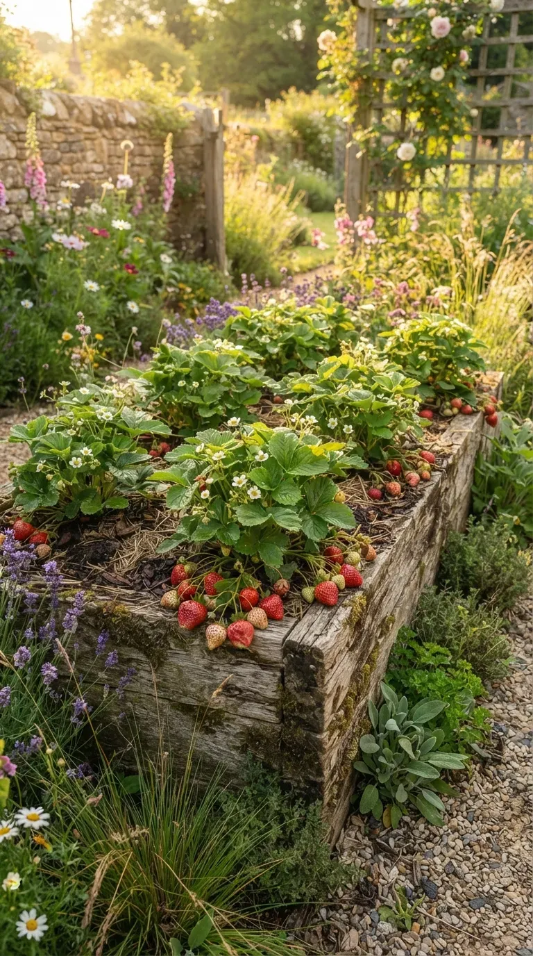 Rustic wooden raised strawberry garden surrounded by flowers herbs and natural greenery.