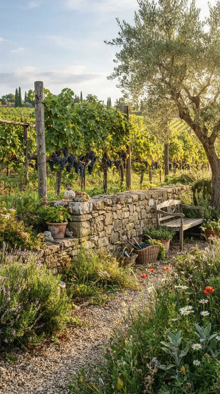 Rustic stone vineyard garden with lush grapevines and natural countryside charm.