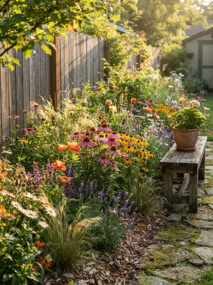 Rustic wildflower garden with colorful blooms weathered wood and natural stone accents.