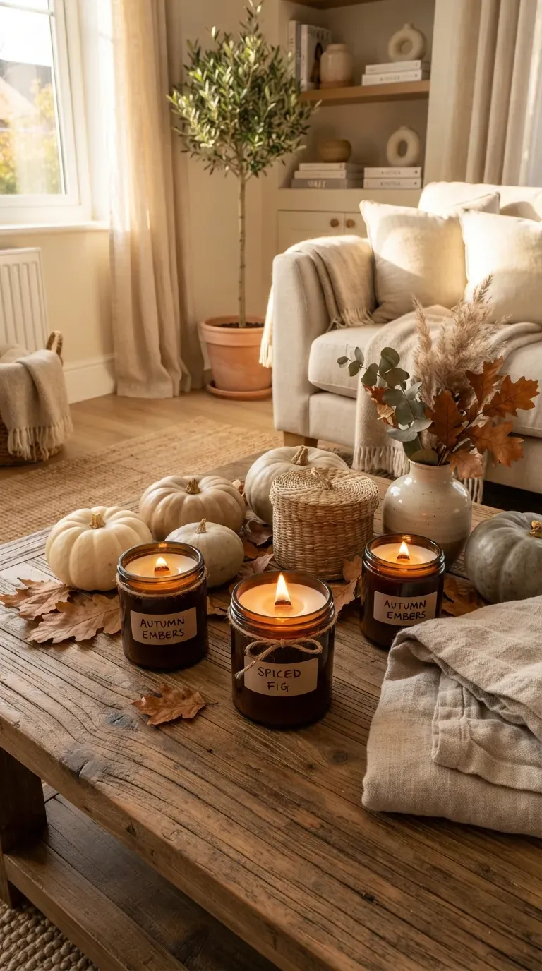 Rustic wood wick candles in amber vessels styled with warm autumn home decor.