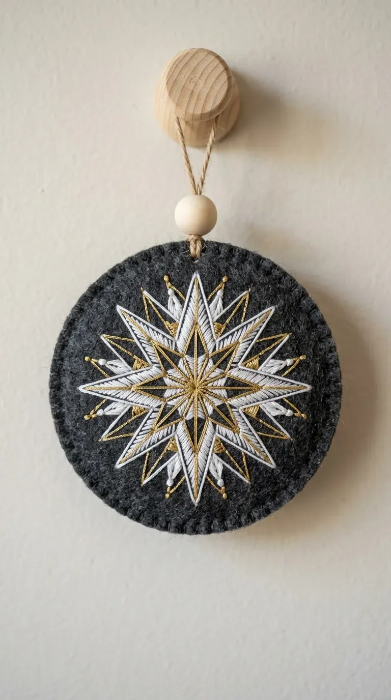 circular charcoal and cream felt medallion ornament with geometric gold starburst embroidery on a wooden hook