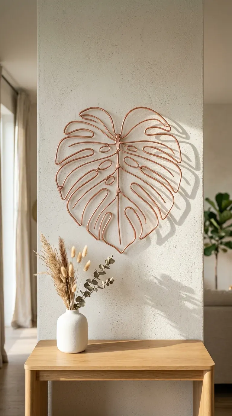 continuous line copper wire monstera leaf wall sculpture mounted on neutral plaster wall