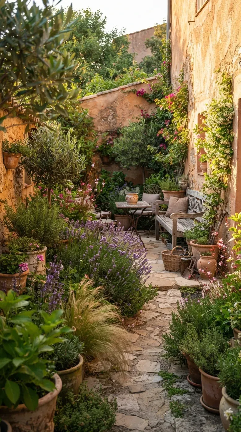Cozy sheltered courtyard garden surrounded by walls with hardy plants and containers.
