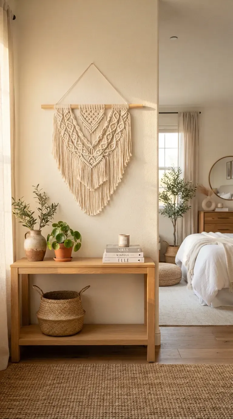 Simple cream macrame wall hanging displayed above a wooden console in cozy boho room.