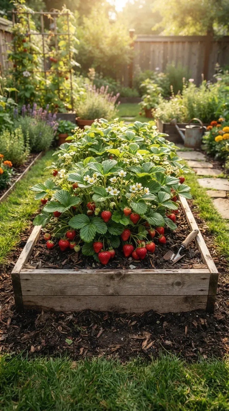 Healthy strawberry plants growing in a simple wooden raised garden bed outdoors.