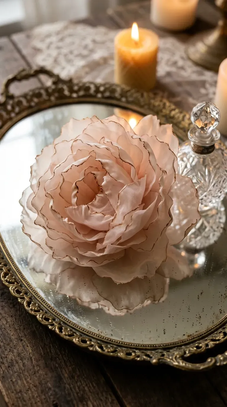 large singed blush organza peony blossom with delicate ruffled petals on a glass mirror tray
