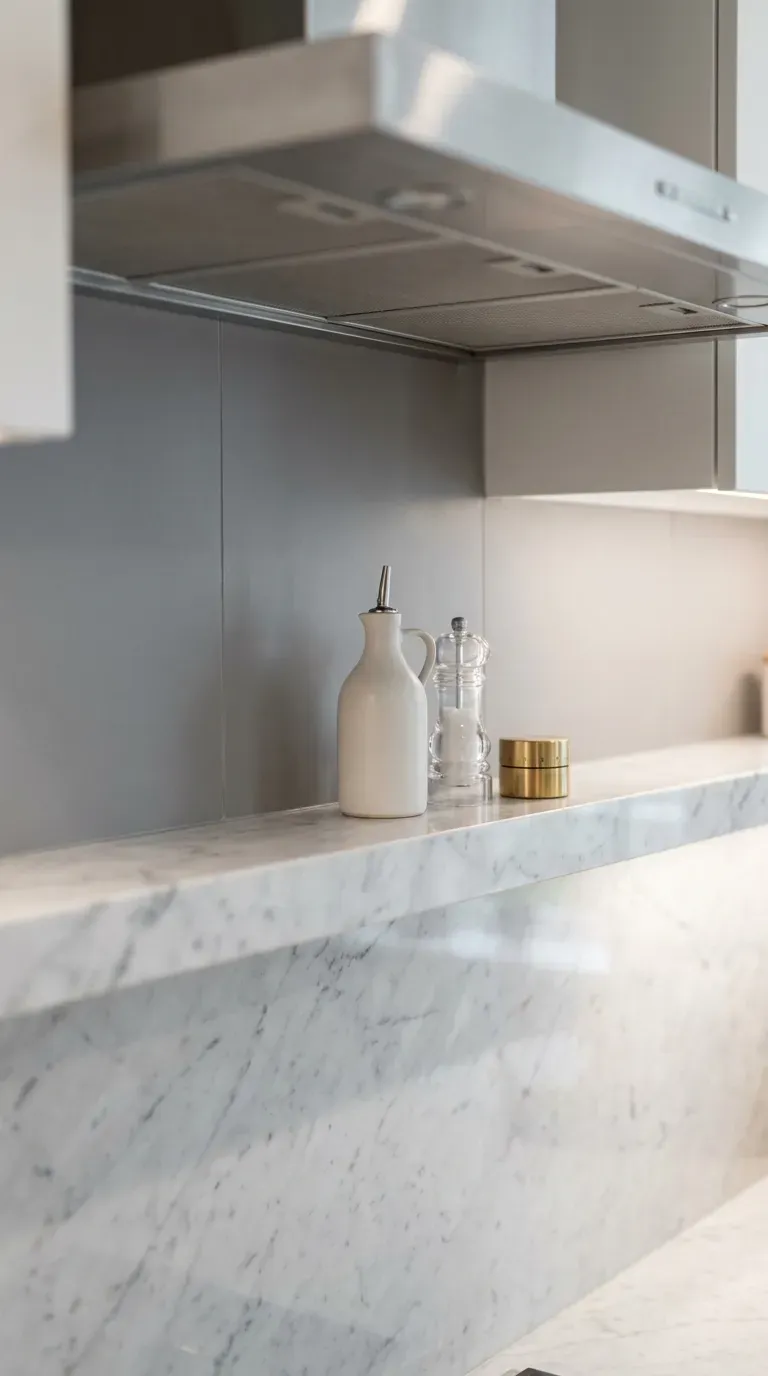 slim white marble linear shelf above kitchen range with ceramic oil bottles