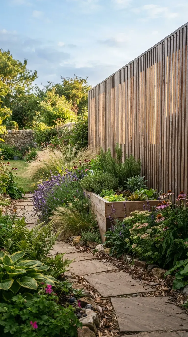 Slatted wooden garden screen filtering wind beside colorful plants and raised beds.