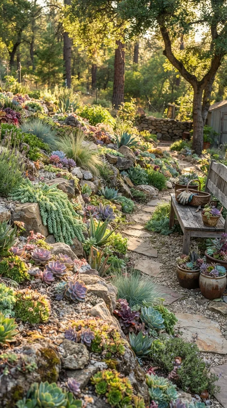 Layered hillside succulent rock garden with boulders, gravel, and cascading plants.