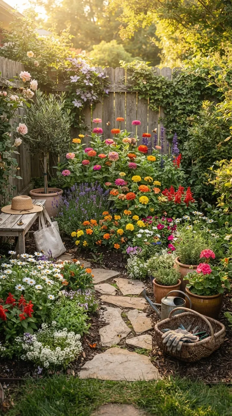 Small colorful flower garden designed beautifully in a compact backyard space.