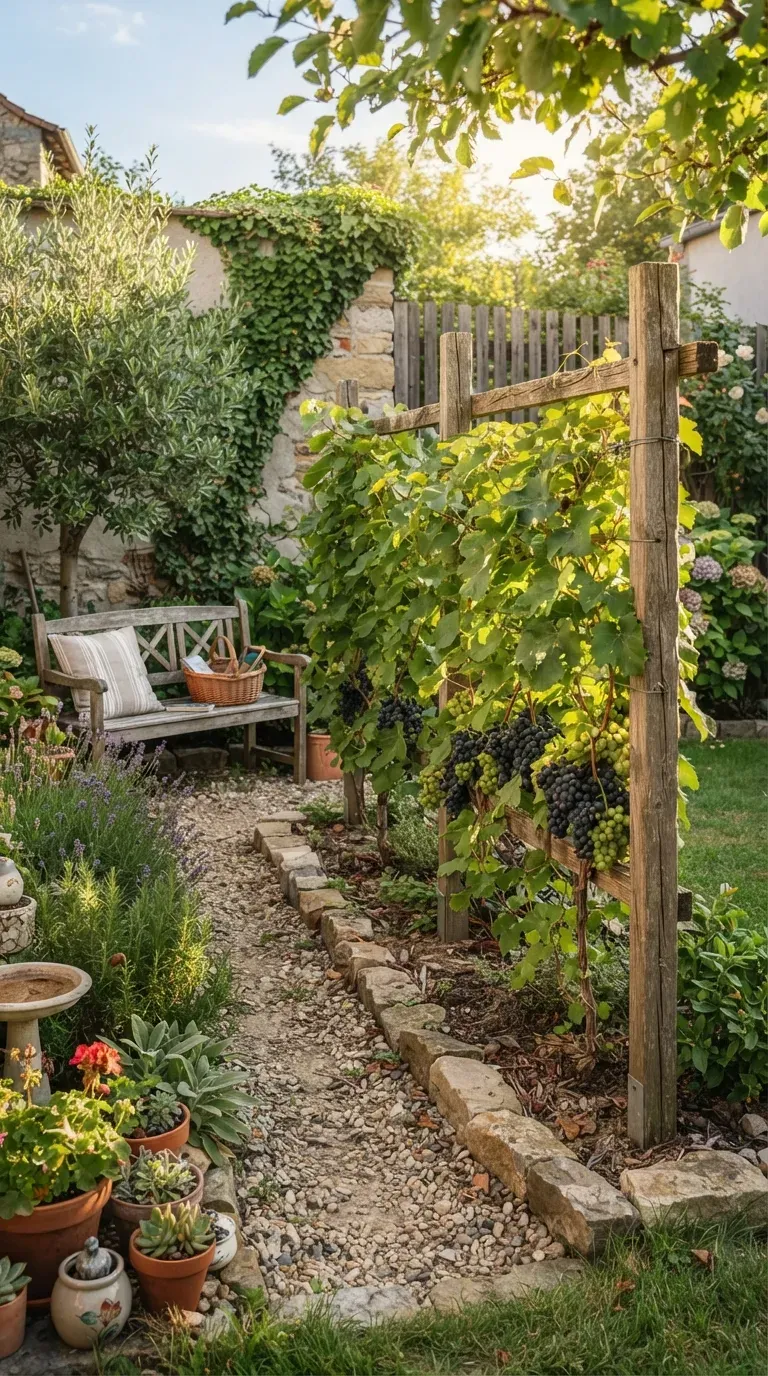 Compact backyard vineyard with grapevines growing neatly along rustic supports.