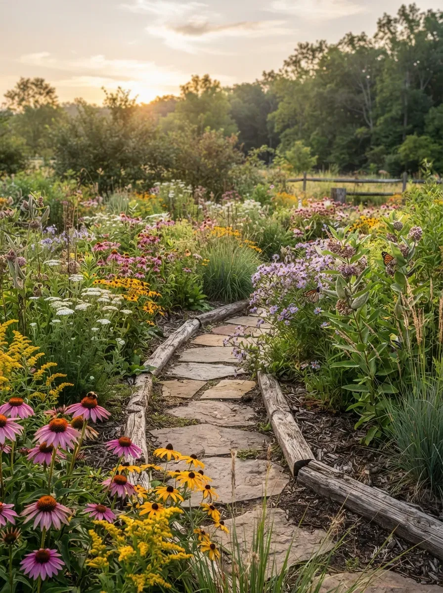 Small backyard corner filled with colorful wildflowers and compact ornamental grasses.