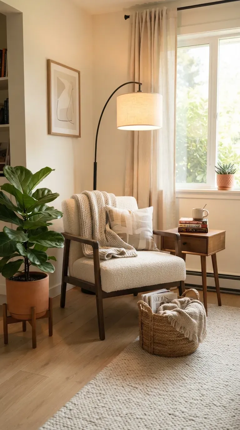 Small empty corner transformed into a cozy reading nook with a comfortable chair floor lamp and books.