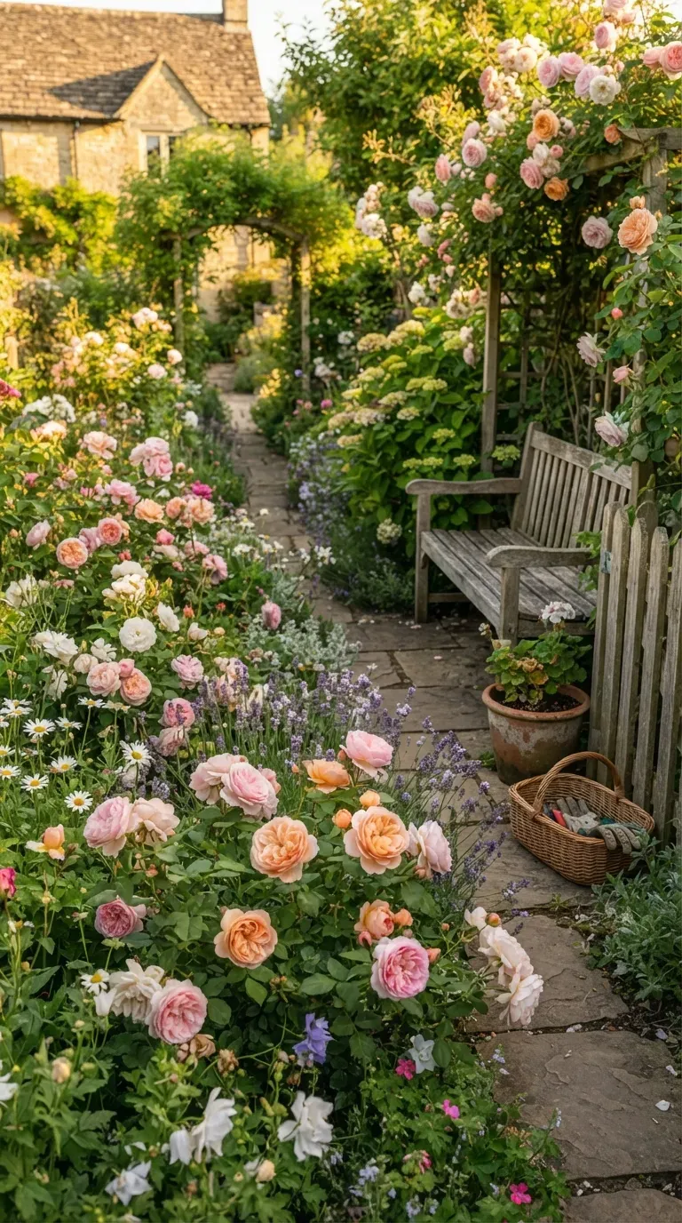 Small romantic English rose garden with layered flowers and stone pathway.