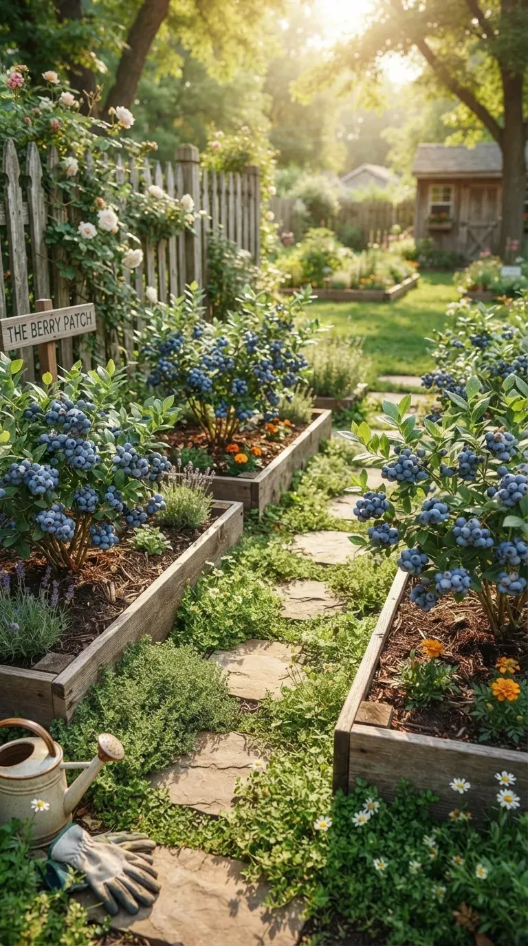 Small family-friendly blueberry garden with ripe berries, raised beds, and green plants.