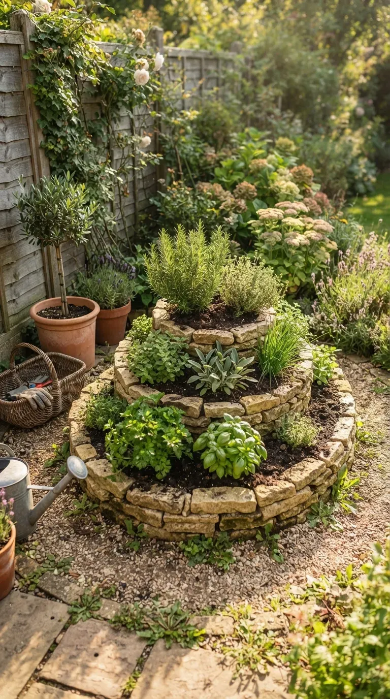 Compact herb spiral filled with fresh culinary herbs in a small backyard.