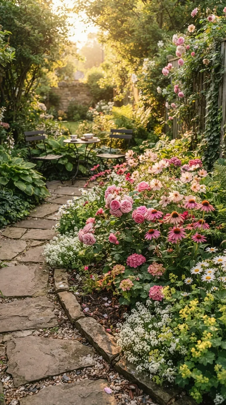 Small backyard flower bed filled with pink roses, cosmos, hydrangeas, and green plants.