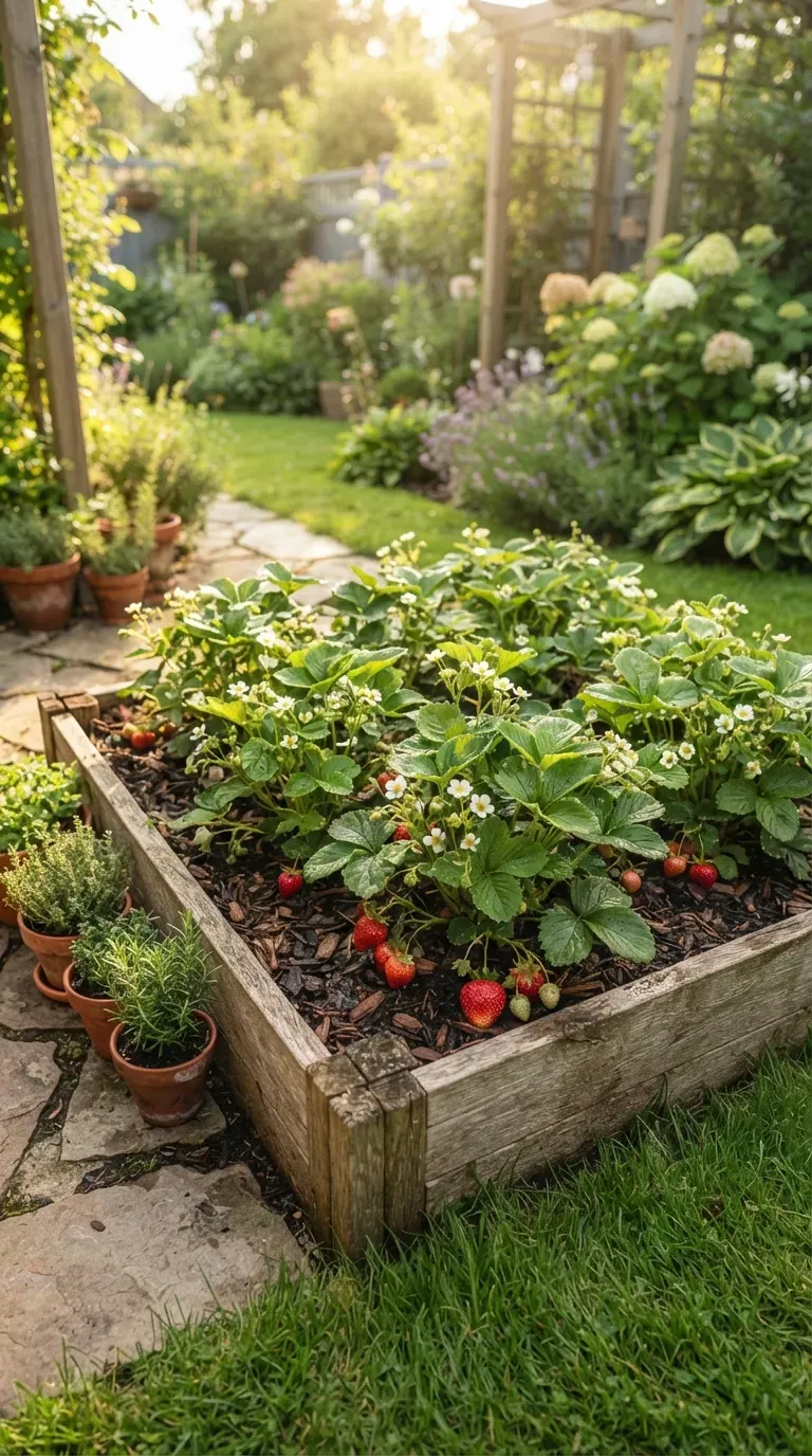 Compact raised strawberry bed with healthy plants in a small sunny backyard garden.