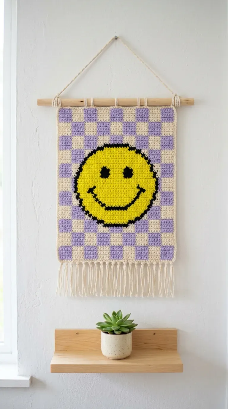 cheerful yellow smiley face tapestry crochet wall banner hanging on a white bedroom wall