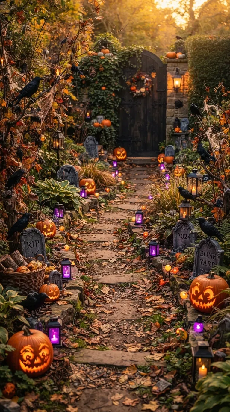 Glowing purple and orange pathway lights illuminating a spooky Halloween garden.