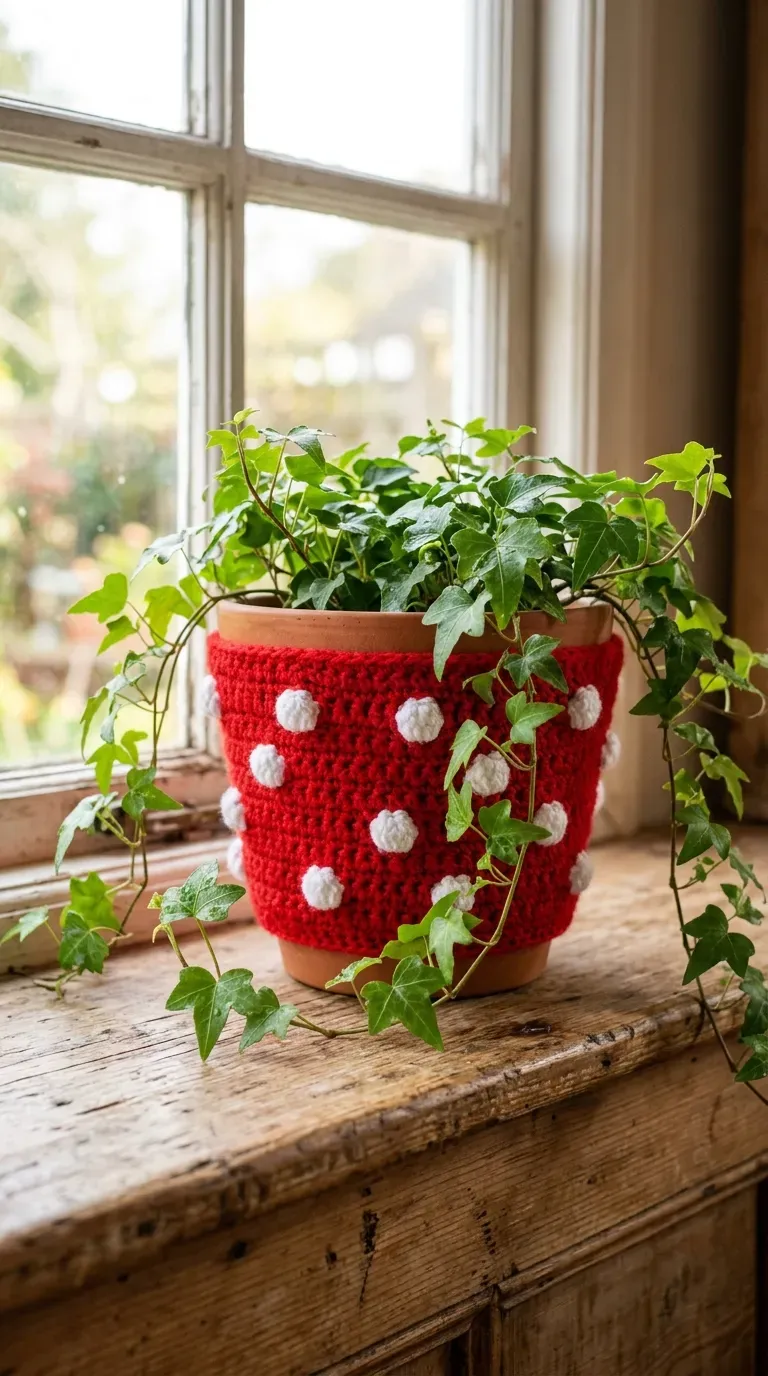 ceramic plant pot dressed in a red and white spotted toadstool crochet cozy with trailing ivy