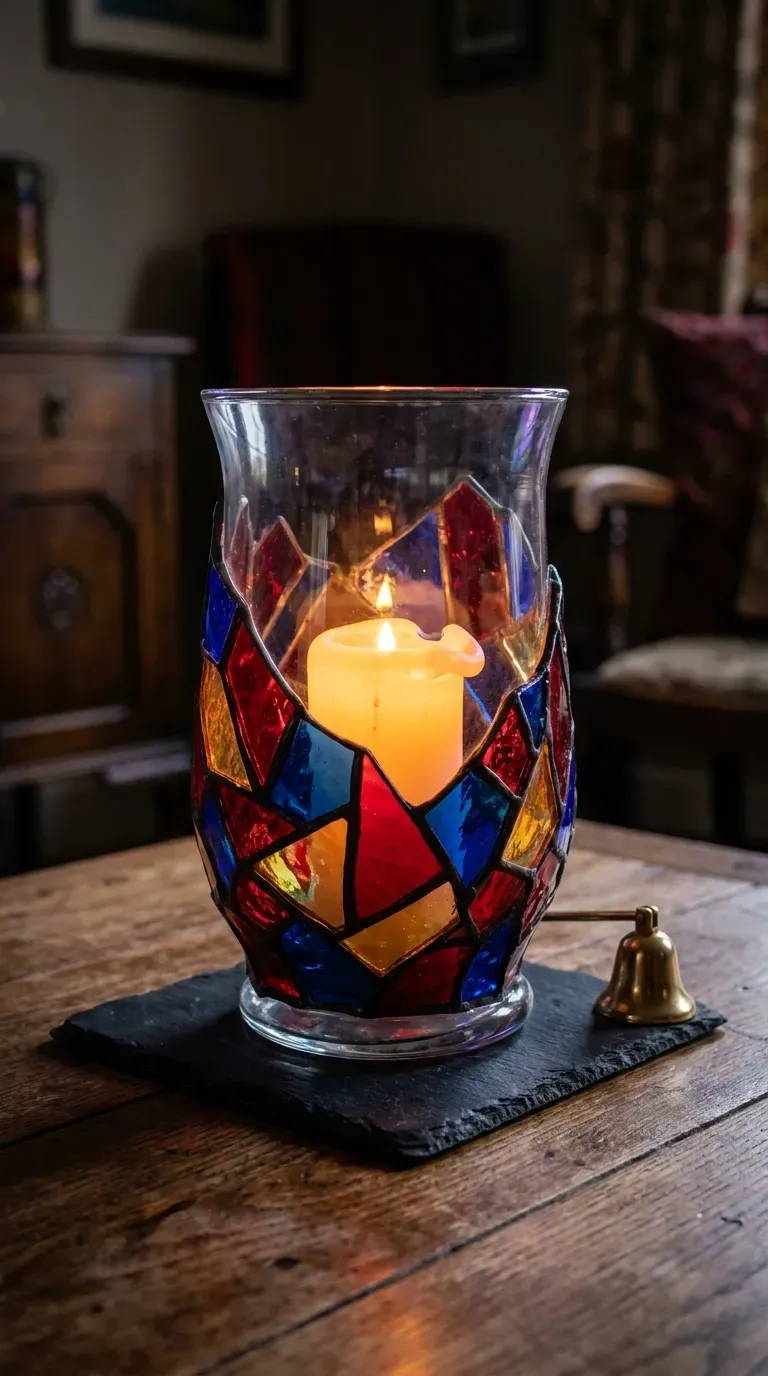 glowing glass hurricane lantern decorated with colorful stained glass mosaic shards