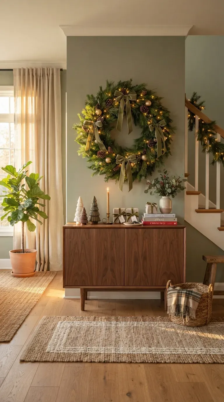 Elegant Christmas wreath decorating a welcoming entryway with greenery and warm lights.