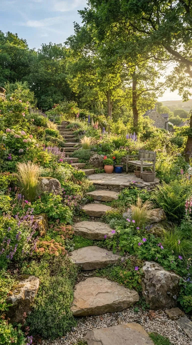 Natural stepping stones creating safe access through lush colorful sloped garden.