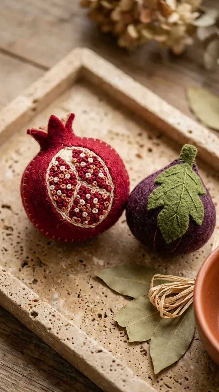 handcrafted ruby red felt pomegranate and plum felt fig ornaments resting on a wooden tray