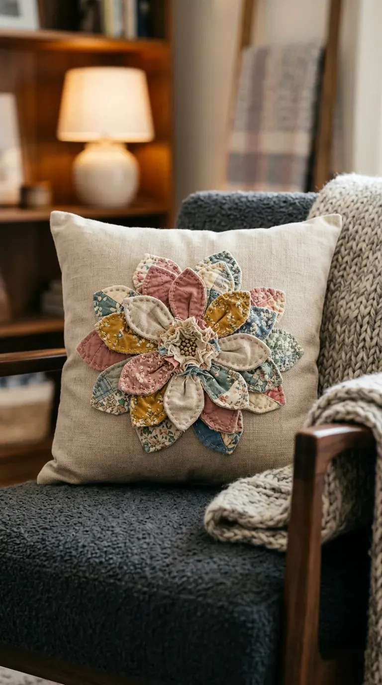 linen throw pillow featuring 3D quilted fabric flower appliqués on a cozy armchair